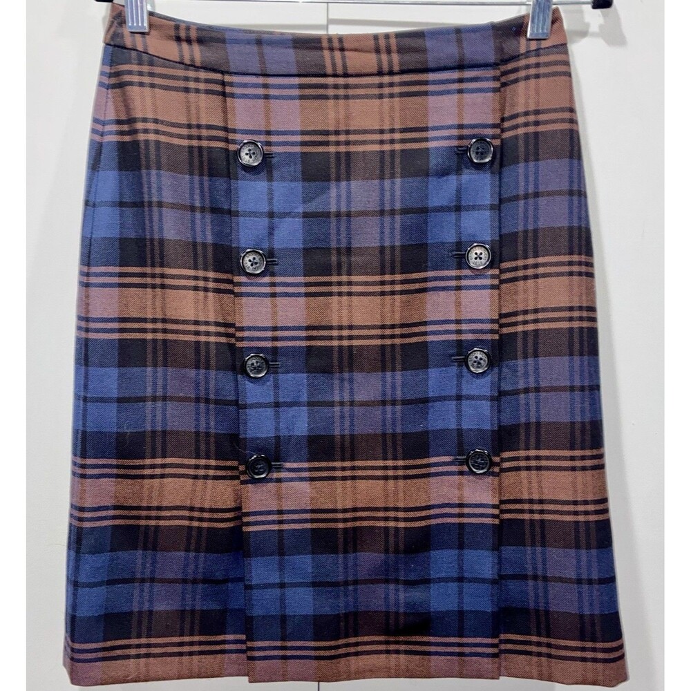 Brooks Brothers skirt 100% Wool Sz 4 Blue Black Brown Plaid Tartan Academia Prep